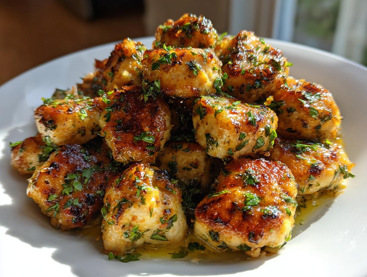 A pile of golden brown, pan-seared garlic butter chicken bites garnished generously with fresh parsley.