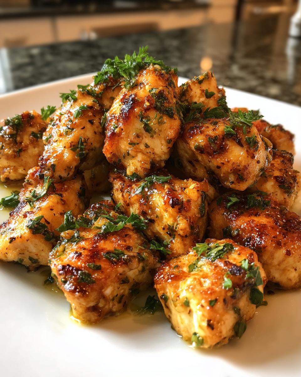 A close-up of golden brown, glazed garlic butter chicken bites garnished with fresh parsley.