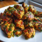 A pile of golden brown garlic butter chicken bites generously topped with fresh chopped parsley.