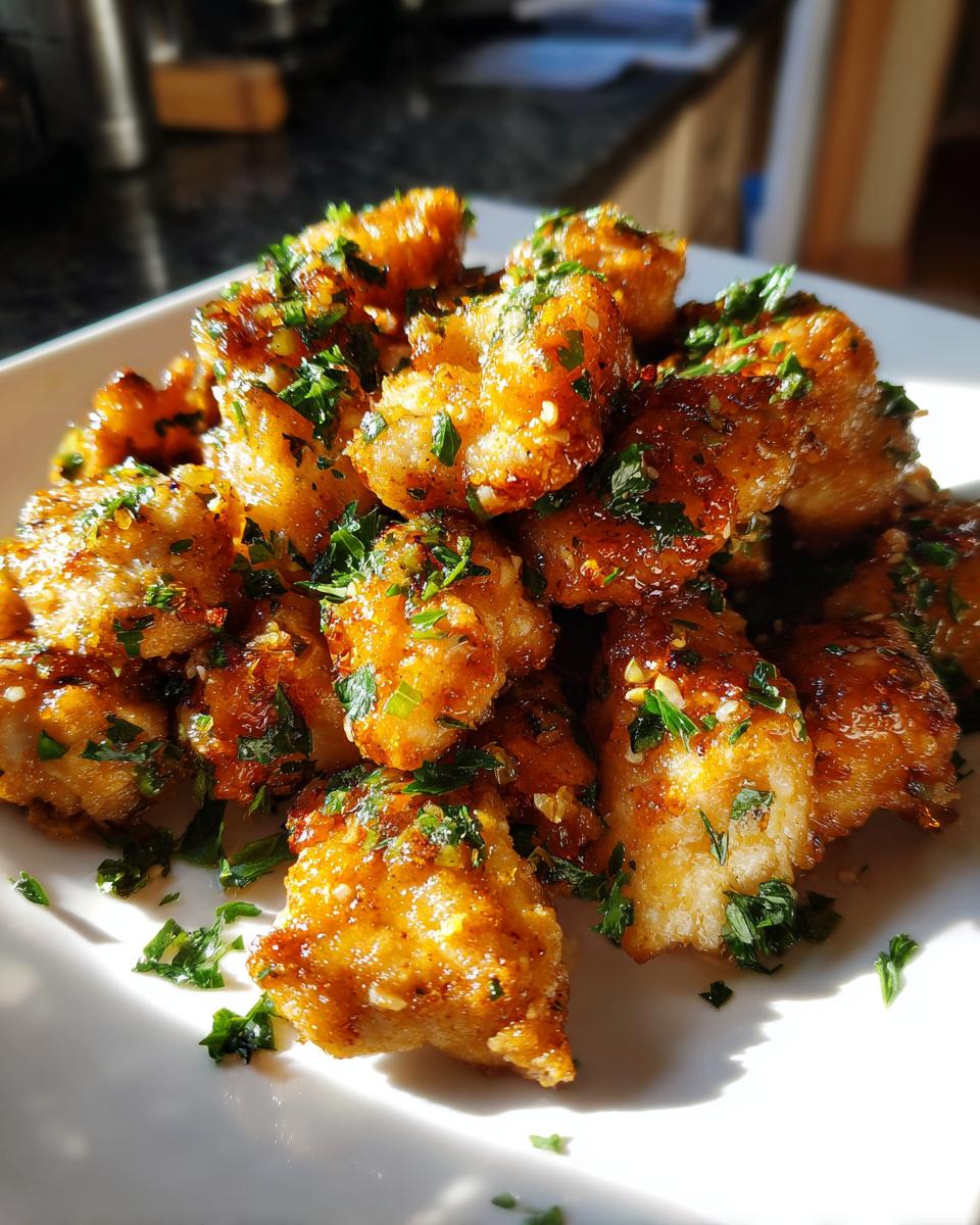 A close-up of golden, crispy garlic butter chicken bites garnished generously with fresh chopped parsley.