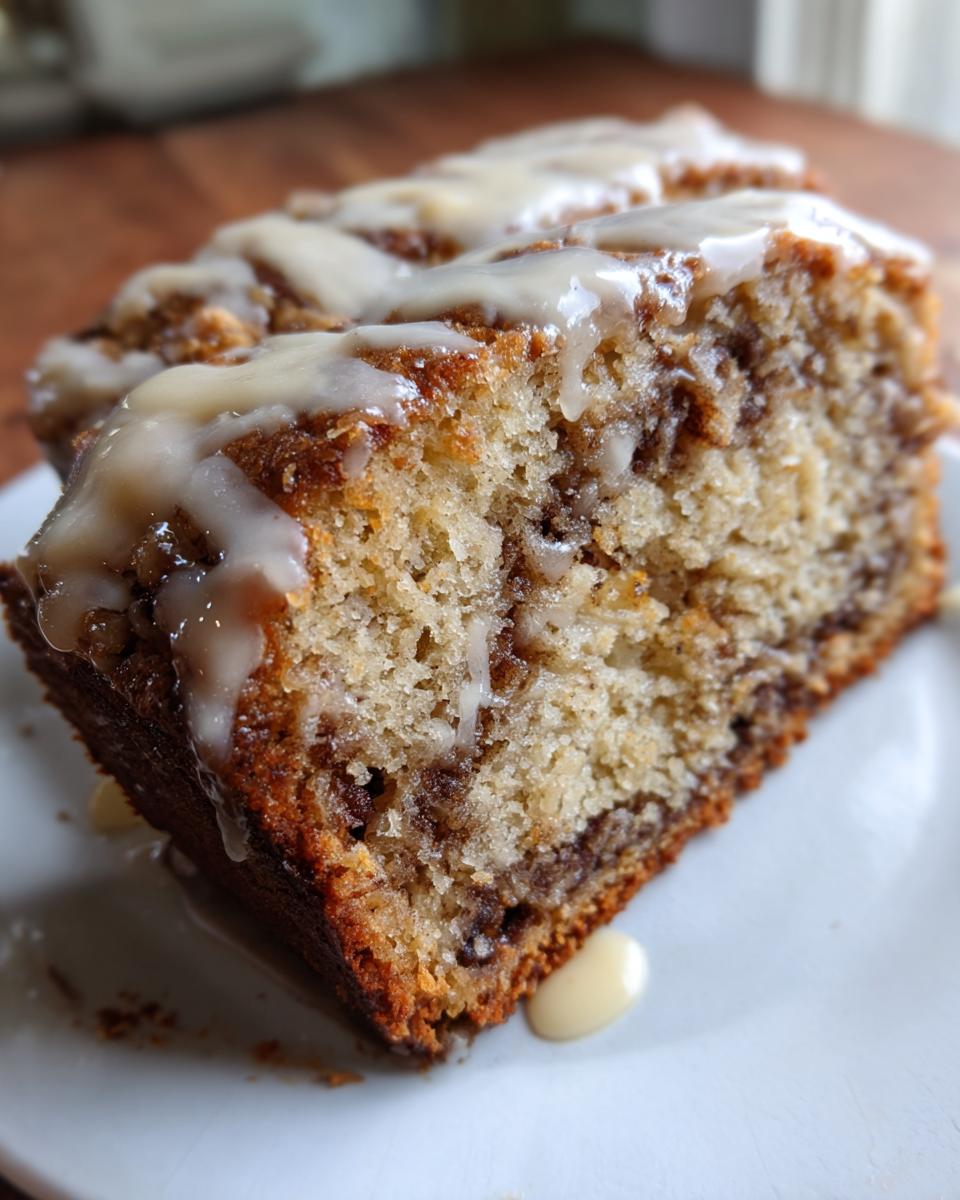 Close-up of a moist slice of apple bread featuring a cinnamon swirl and drizzled with a light glaze.