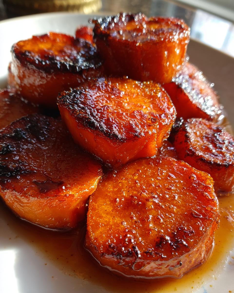 Close-up of thick-cut, caramelized candied sweet potatoes glistening in a sweet glaze.