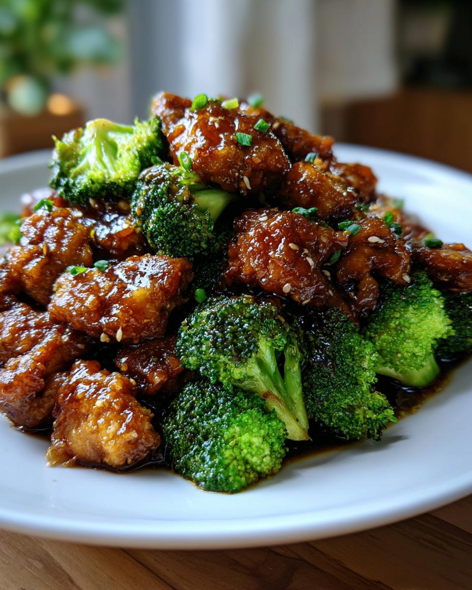 Close-up of saucy, glazed chicken and bright green broccoli florets, a perfect chicken and broccoli dish.