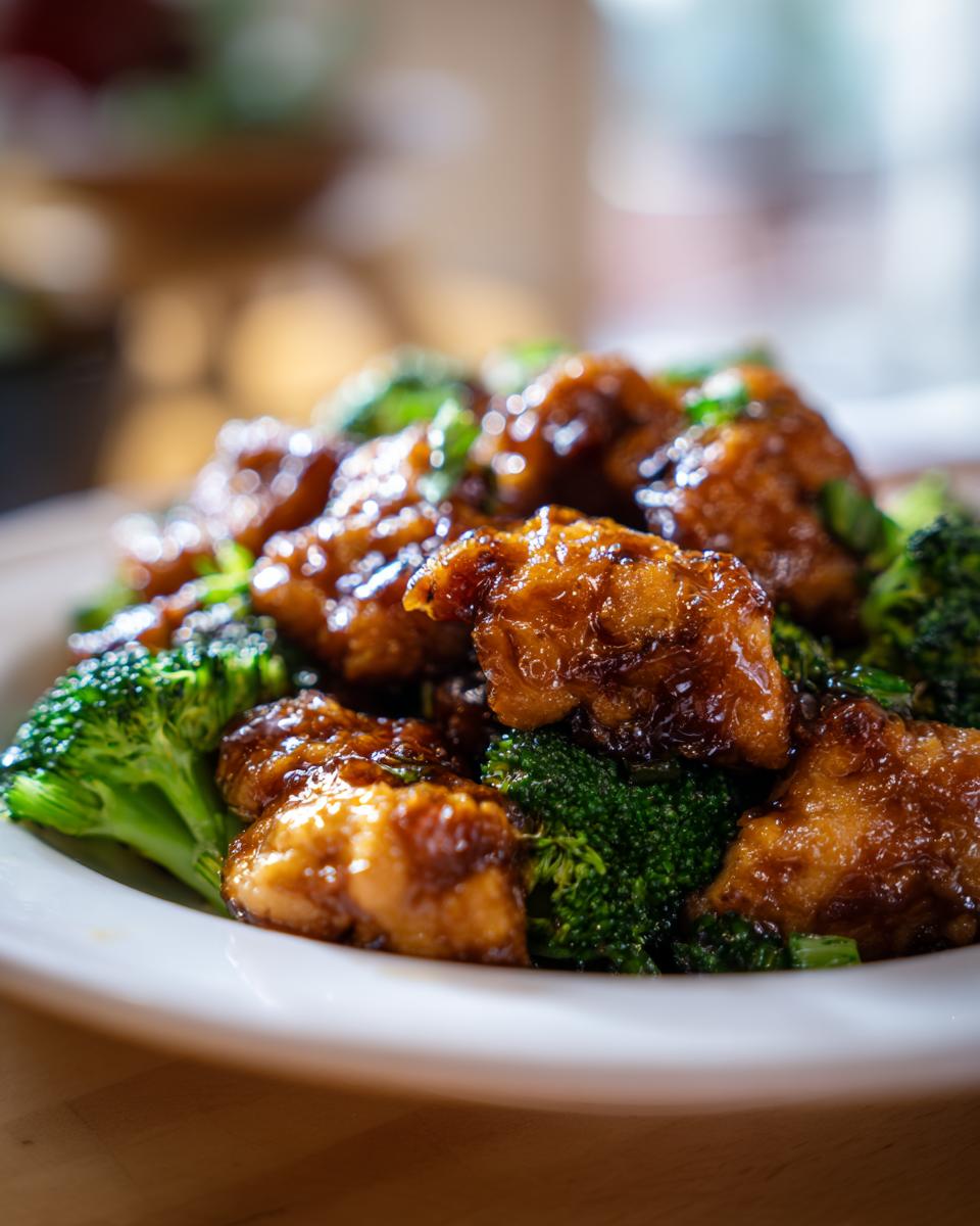Close-up of golden, glazed chicken pieces mixed with bright green broccoli florets in a white bowl, featuring the chicken and broccoli keyword.