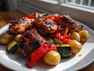 Close-up of glazed harissa chicken pieces served with roasted potatoes, red peppers, and zucchini on a white plate.