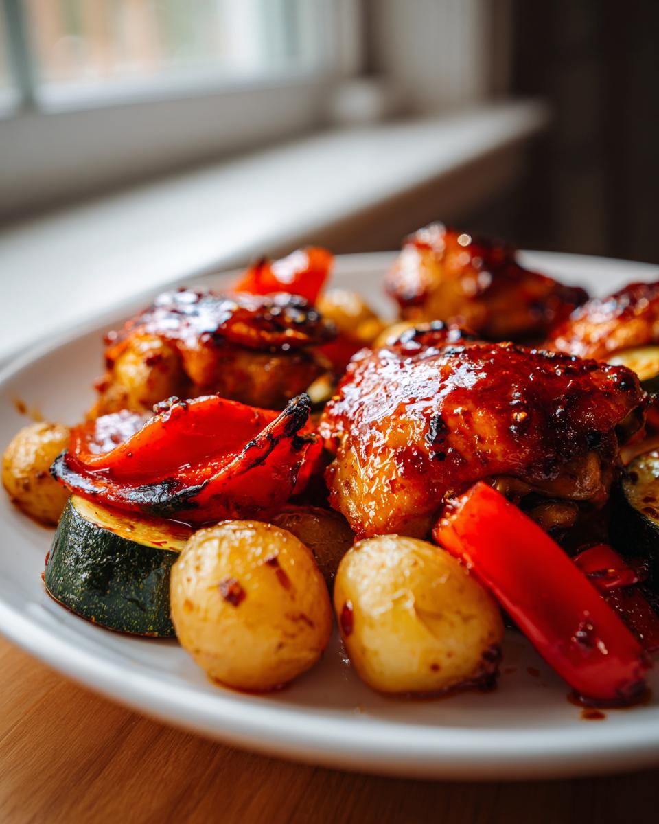 Close-up of glazed harissa chicken thighs served with roasted baby potatoes, red peppers, and zucchini slices.