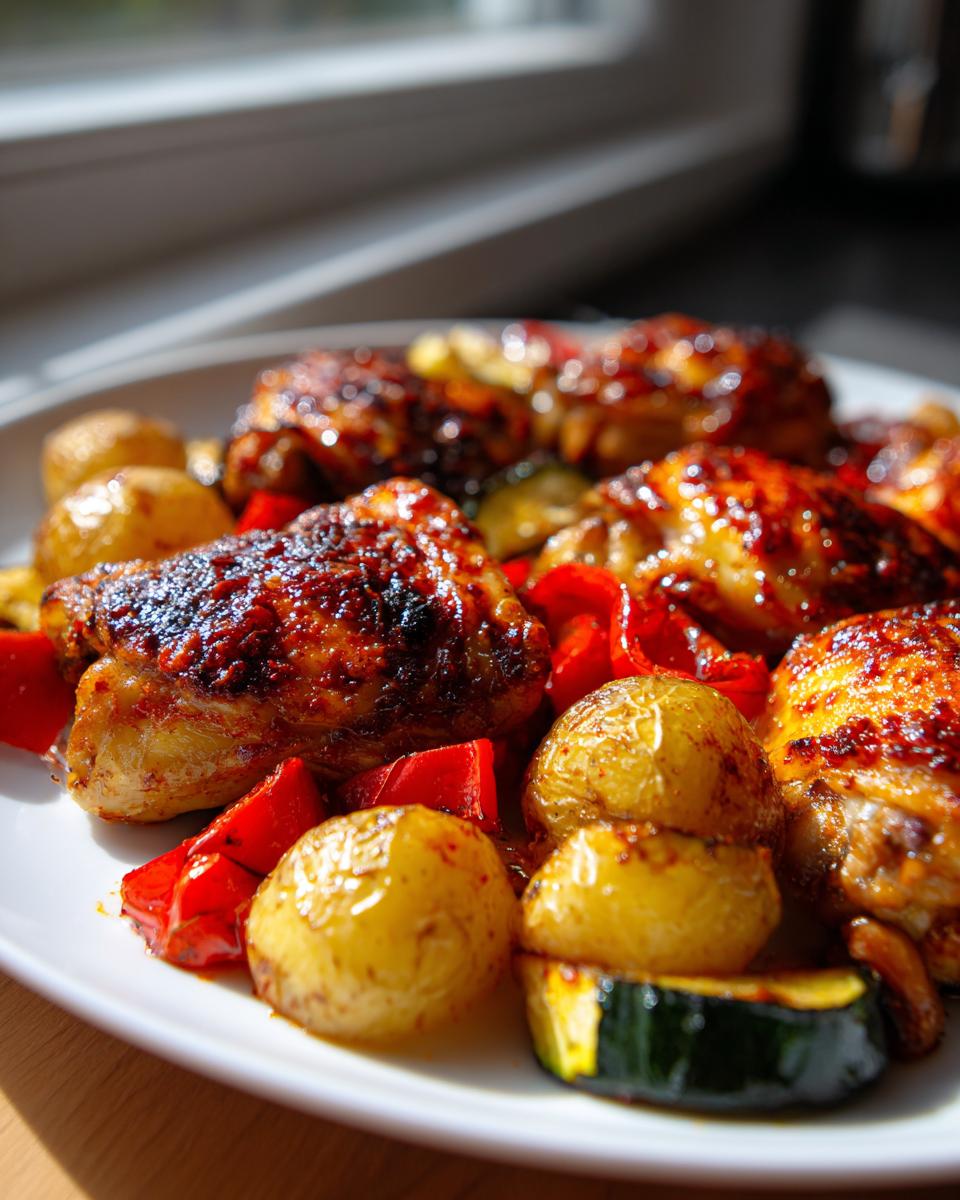Close-up of glazed harissa chicken pieces served with roasted baby potatoes and red peppers.