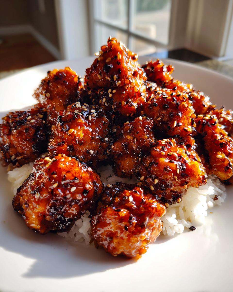 Close-up of glazed honey pepper chicken pieces generously coated in sauce and sesame seeds, served over white rice.
