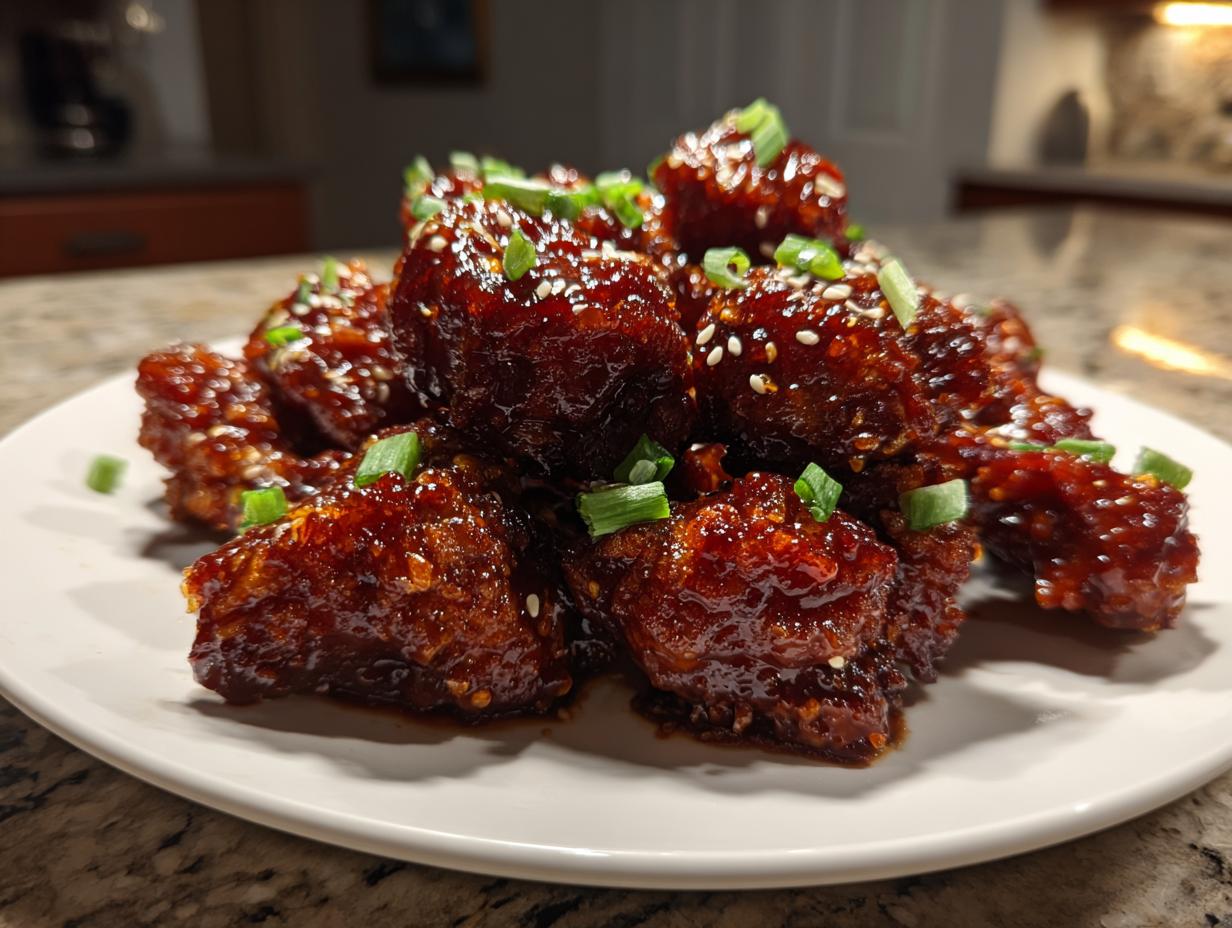 A pile of sticky, dark glazed korean fried chicken pieces garnished with sesame seeds and chopped green onions.