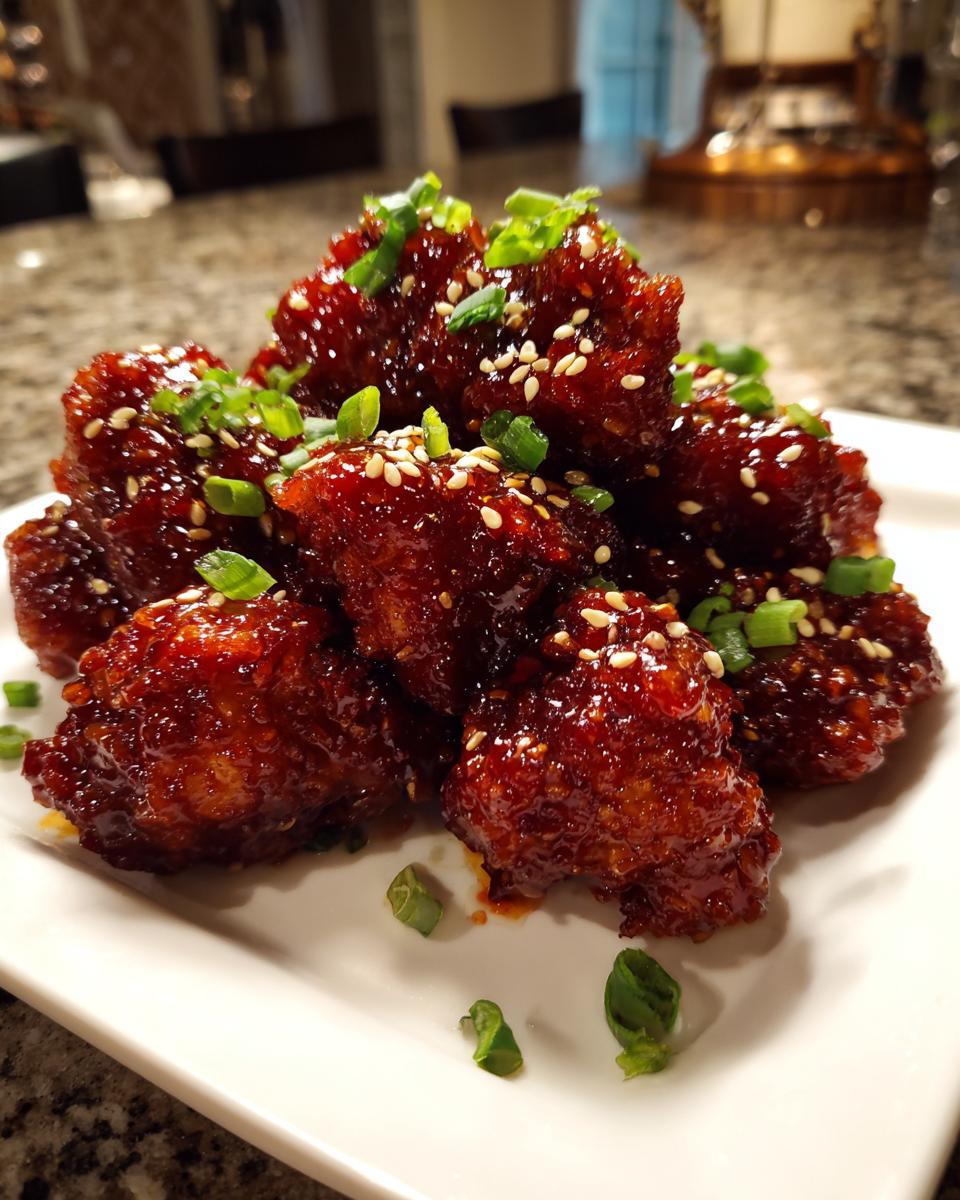 A pile of sticky, dark red glazed korean fried chicken pieces garnished with sesame seeds and chopped green onions.