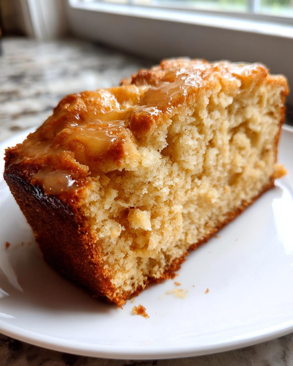 Close-up of a thick slice of golden brown beer bread topped with a shiny glaze, served on a white plate.