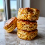 Three golden-brown sweet potato biscuits stacked, drizzled with glaze, on a marble surface.