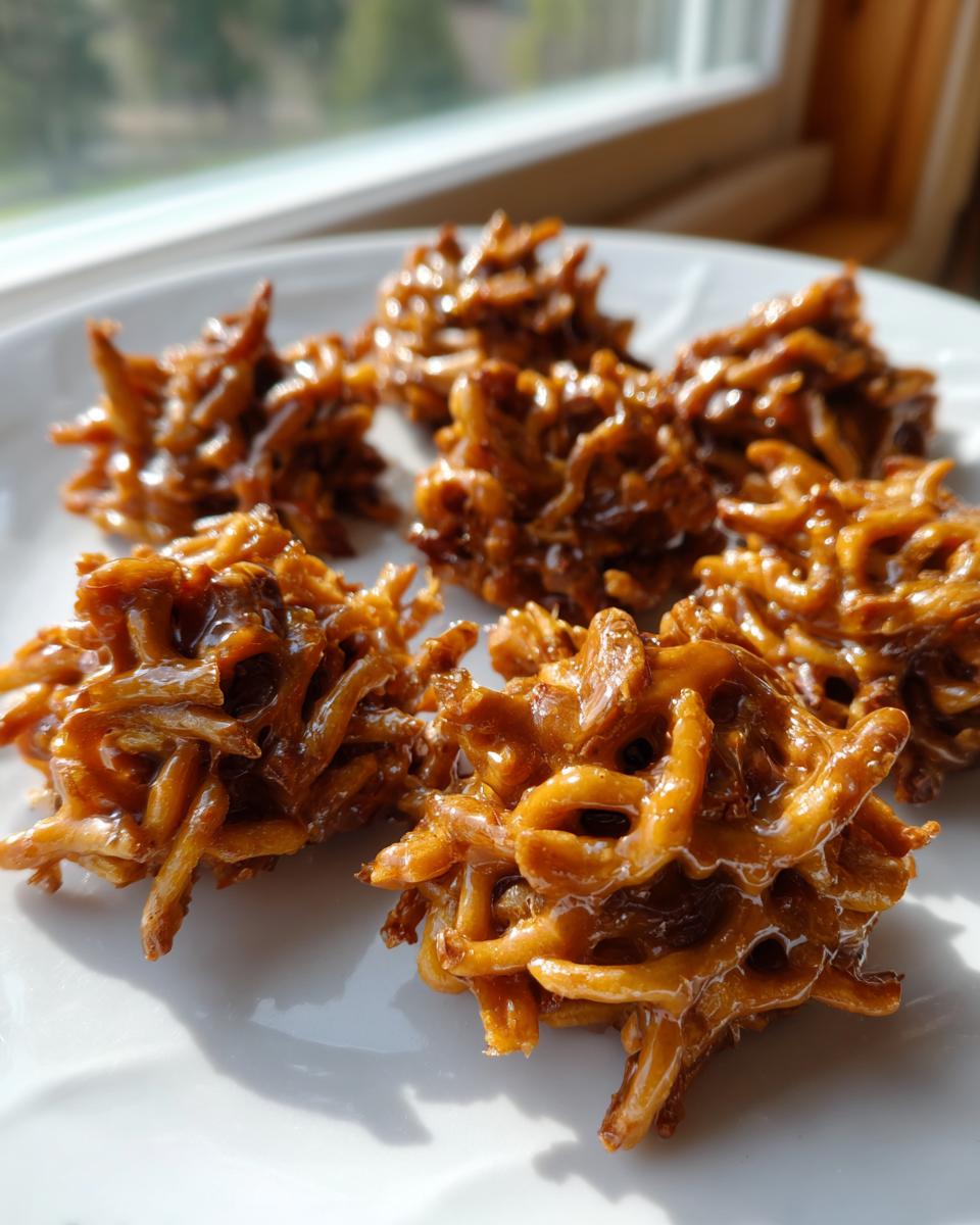 A close-up photograph of several glossy, caramel-coated haystack cookies resting on a white plate near a window.