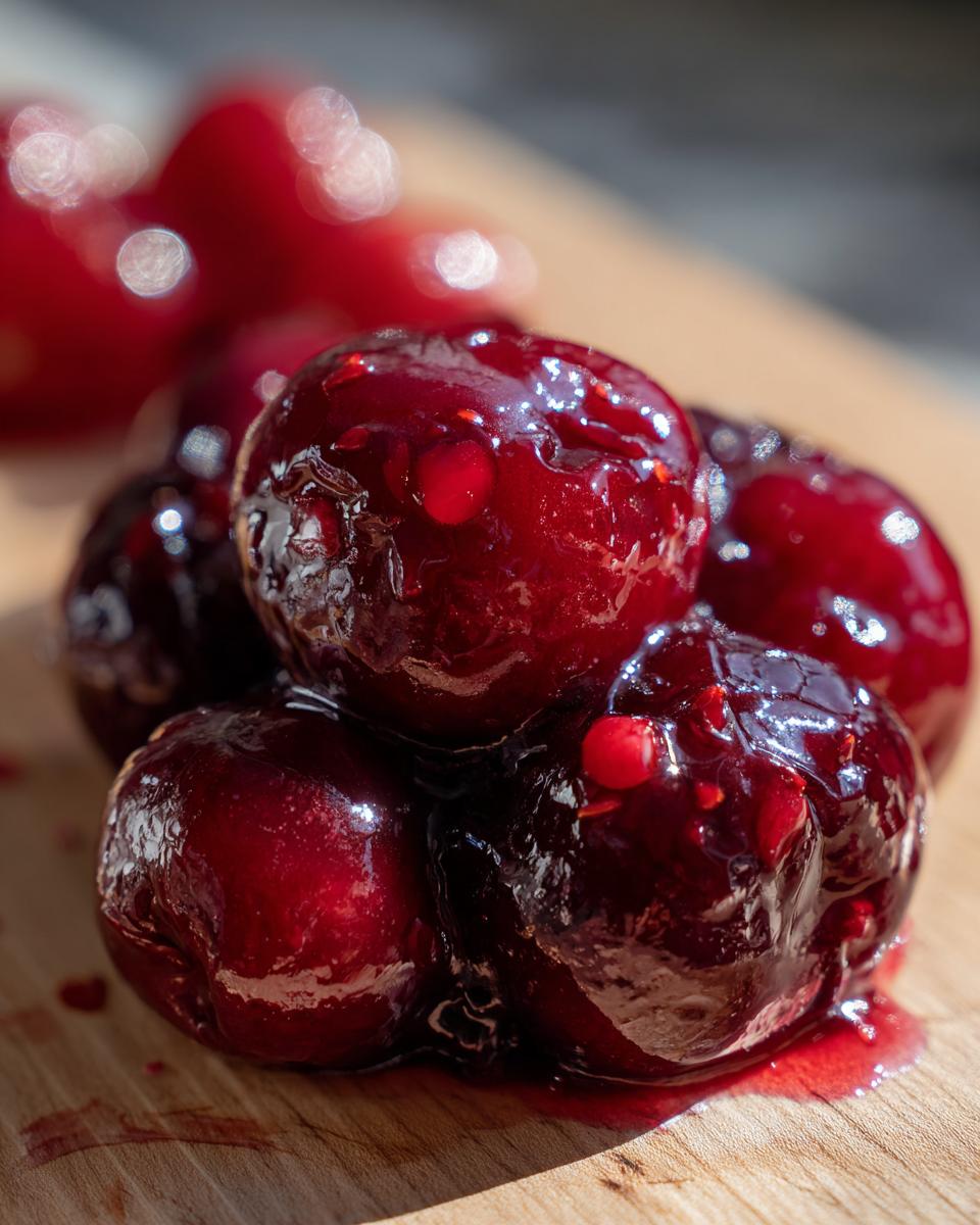 Close-up of glistening, dark red cherries coated in thick syrup, ready for cherry pie filling.