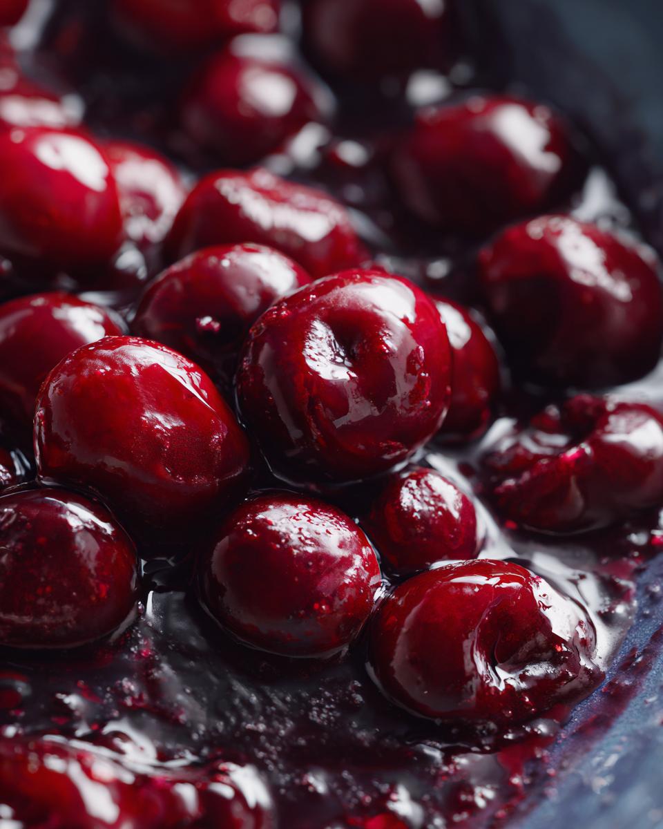 A close-up, macro shot of glistening, deep red cherries suspended in thick sauce, ready for cherry pie filling.
