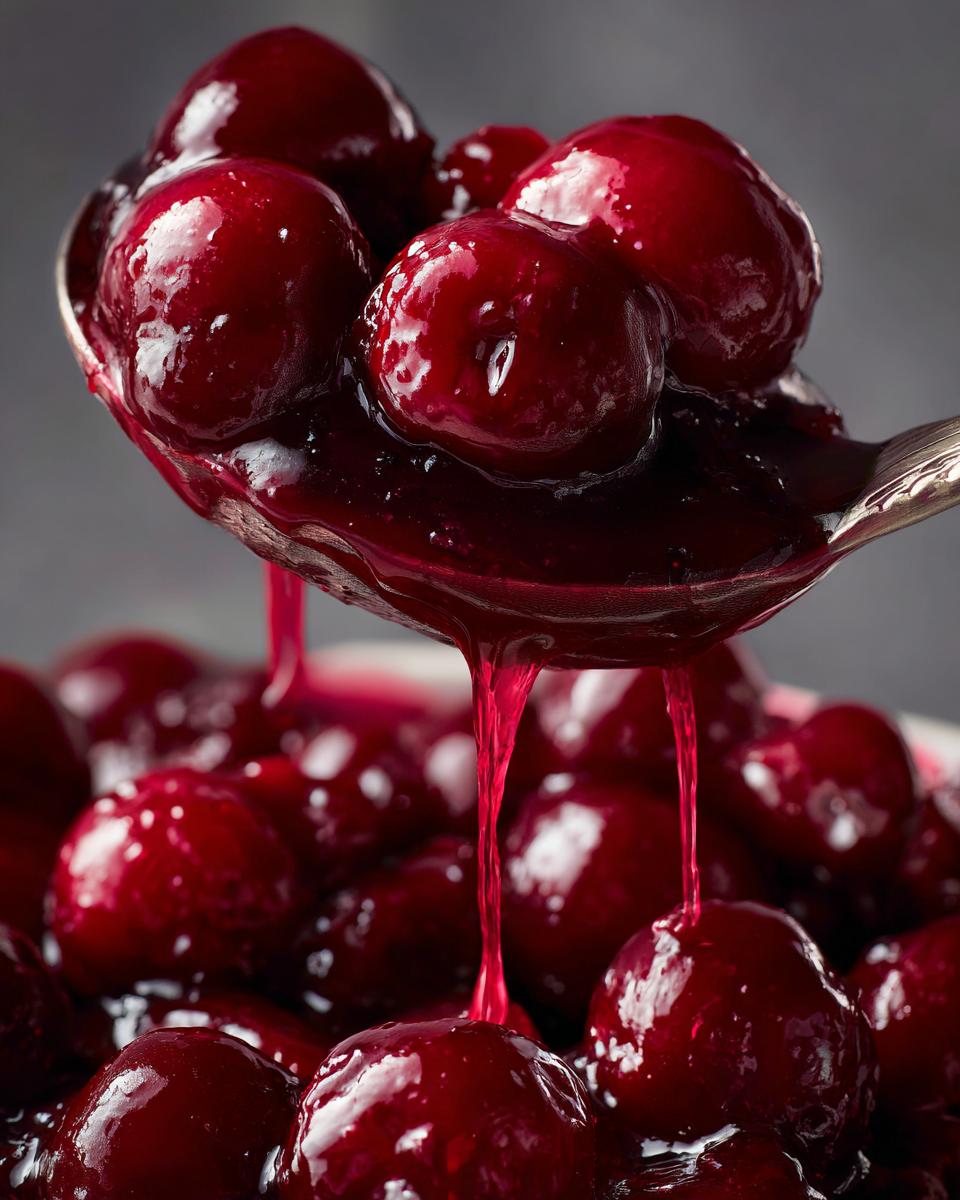 A spoonful of glistening, deep red cherry pie filling dripping back into a bowl of the sweet mixture.