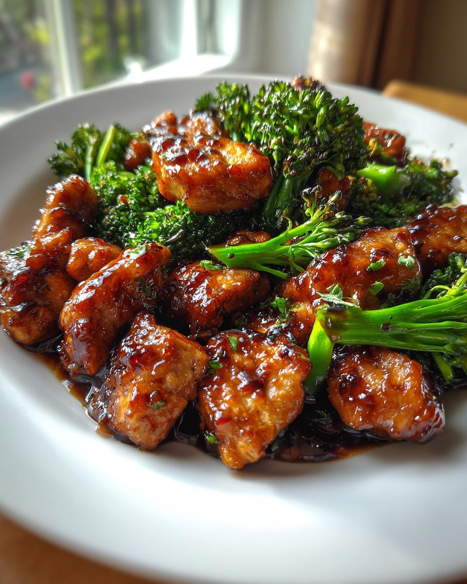 Close-up of glossy, saucy chicken and bright green broccoli florets served on a white plate.