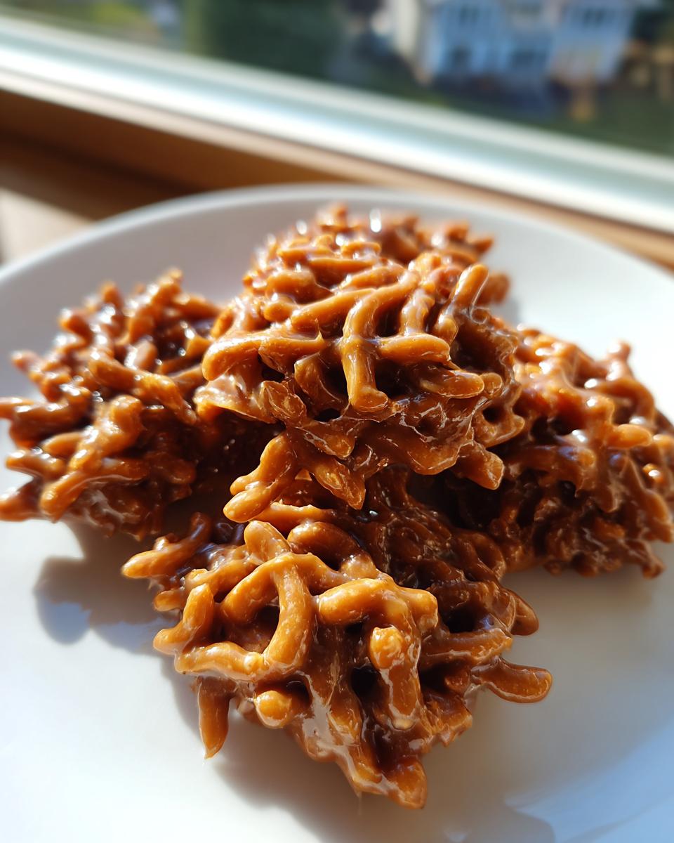 A cluster of glossy, brown haystack cookies made with chow mein noodles and peanut butter mixture.