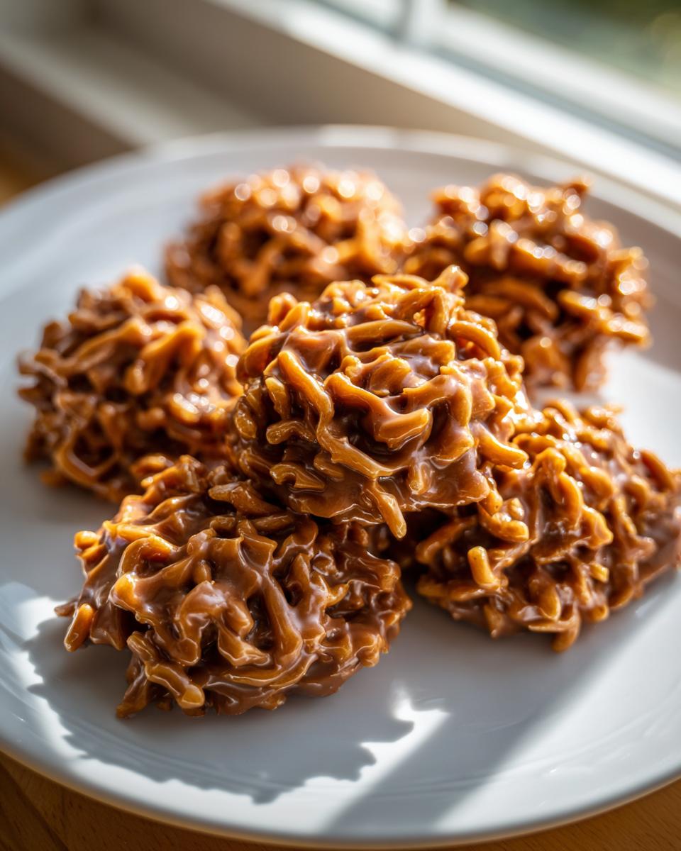 A close-up of five glossy, brown haystack cookies piled on a white plate, catching bright sunlight.