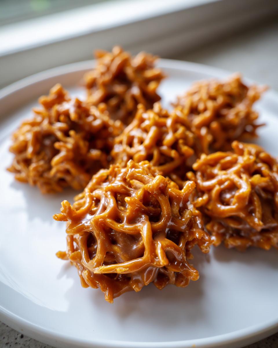 Five glossy, caramel-colored haystack cookies piled on a white plate near a window.