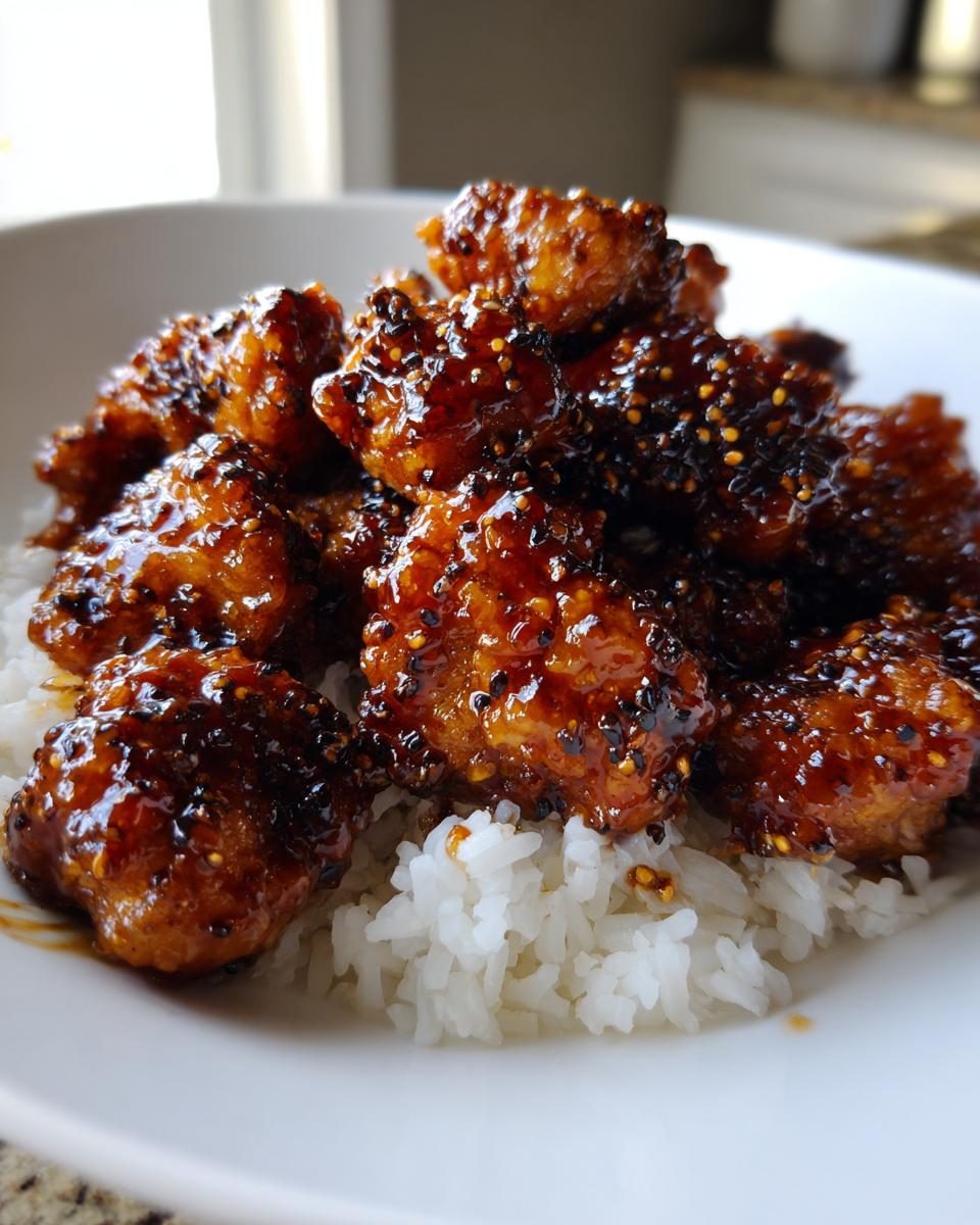 Close-up of crispy honey pepper chicken pieces coated in a thick, glossy sauce and served over white rice.