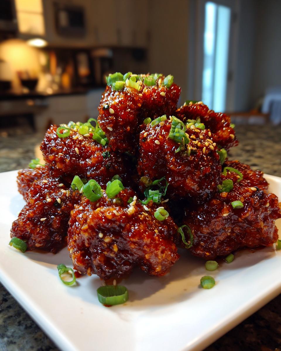A pile of sticky, glazed korean fried chicken pieces garnished with chopped green onions and sesame seeds.