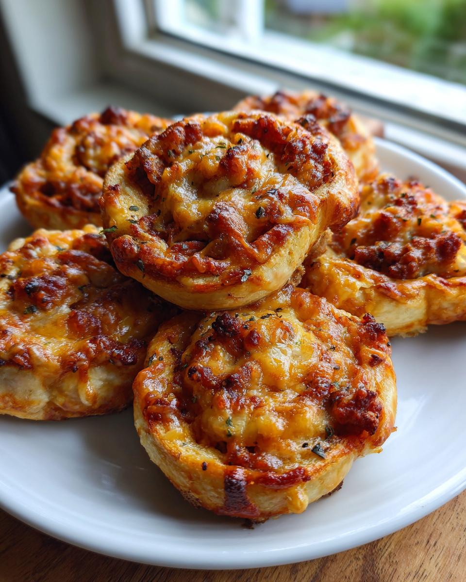 A stack of golden brown, cheesy sausage pinwheels piled on a white plate near a window.