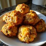 A pile of freshly baked, golden brown bisquick sausage balls with melted cheddar cheese on a white plate.