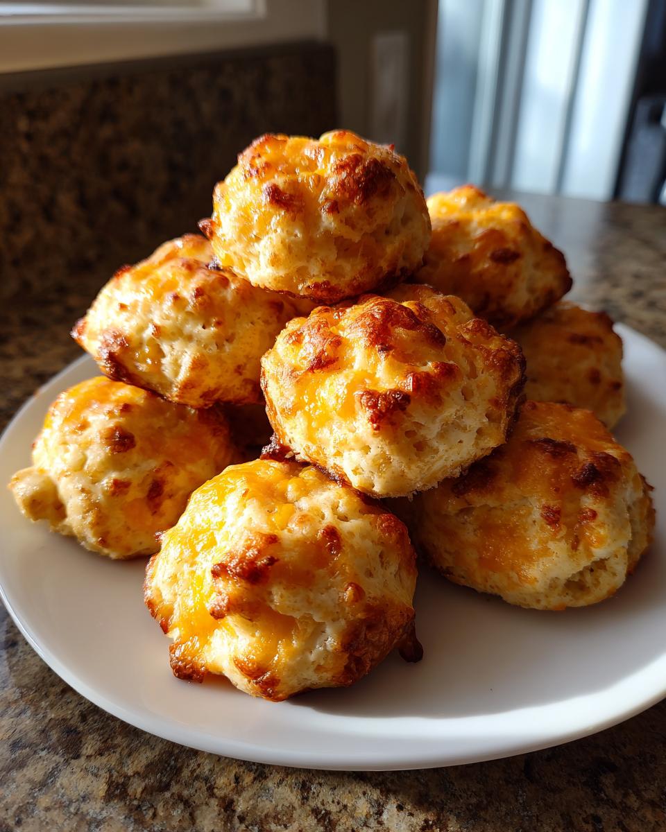 A stack of golden brown, cheesy Bisquick sausage balls piled high on a white plate.