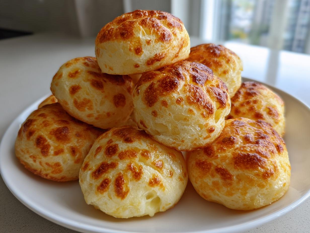 A stack of freshly baked, golden-brown brazilian cheese bread rolls with spotted, crispy tops on a white plate.