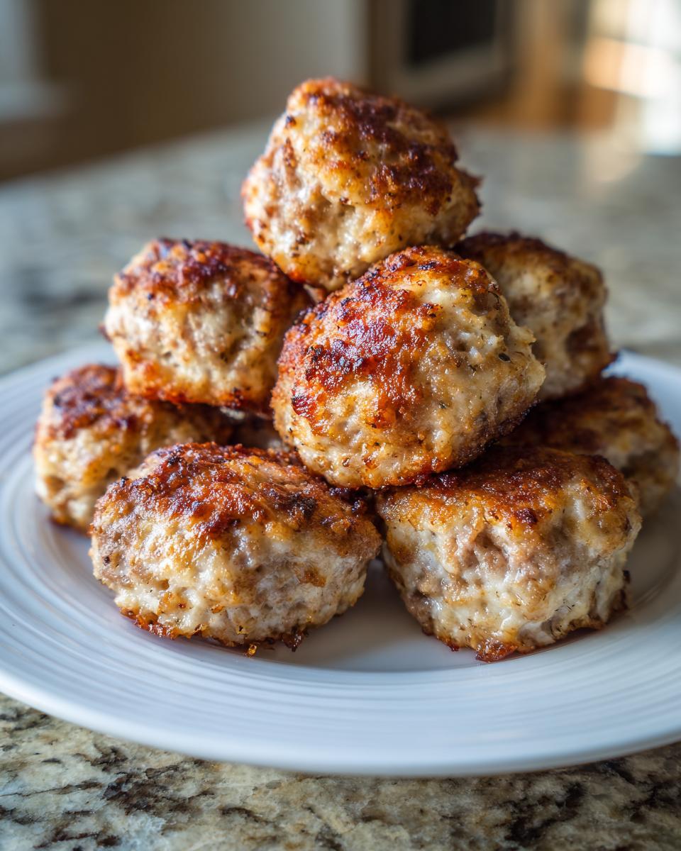A stack of freshly baked, golden brown cream cheese sausage balls piled high on a white plate.
