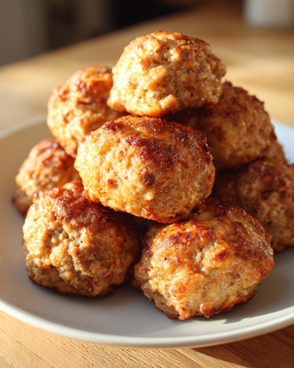 A stack of freshly baked, golden brown cream cheese sausage balls piled high on a light gray plate.