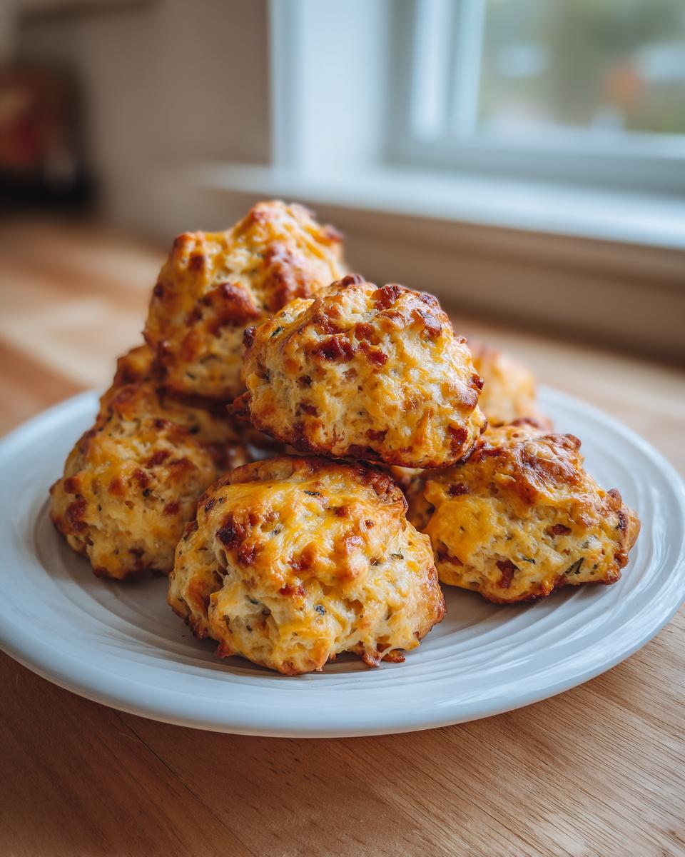 A stack of freshly baked, golden brown cream cheese sausage balls piled high on a white plate.