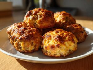 A stack of five golden-brown, freshly baked cream cheese sausage balls on a white plate.
