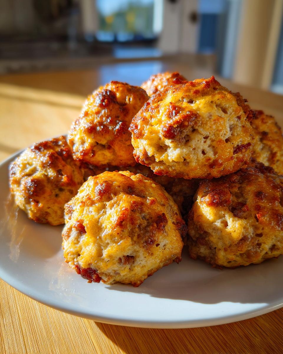 A close-up of golden-brown cream cheese sausage balls piled high on a white plate, catching bright sunlight.
