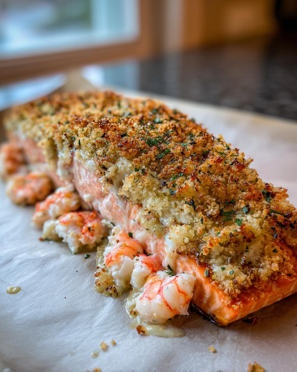 Close-up of baked stuffed salmon topped with golden breadcrumbs and overflowing with creamy shrimp filling.
