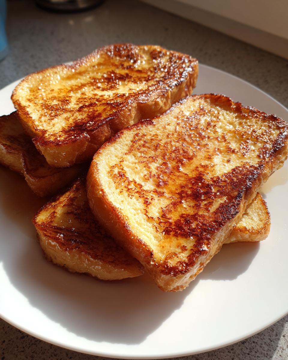 Close-up of golden brown, syrup-drizzled slices of easy french toast stacked on a white plate.