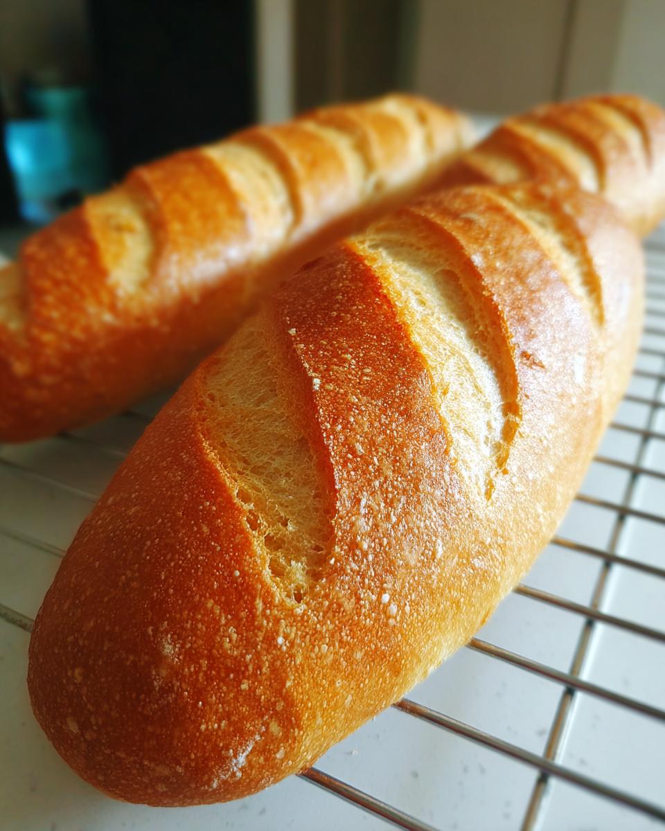 Close-up of freshly baked, golden brown french bread loaves cooling on a wire rack.