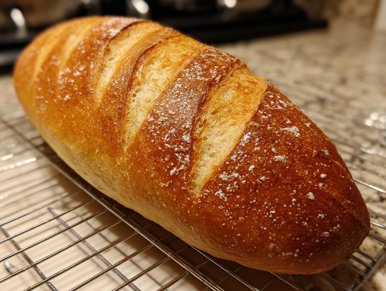 A freshly baked, golden-brown loaf of french bread with deep scores resting on a wire cooling rack.