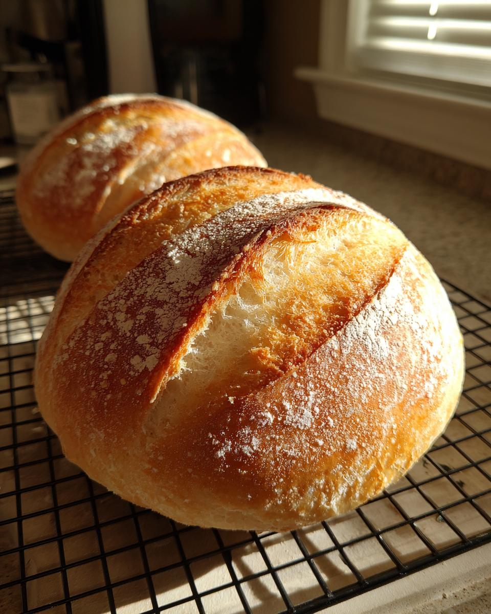 Two golden-crusted, round loaves of homemade french bread cooling on a wire rack in sunlight.