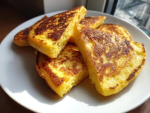A stack of golden brown, pan-fried irish potato farls served on a white plate.