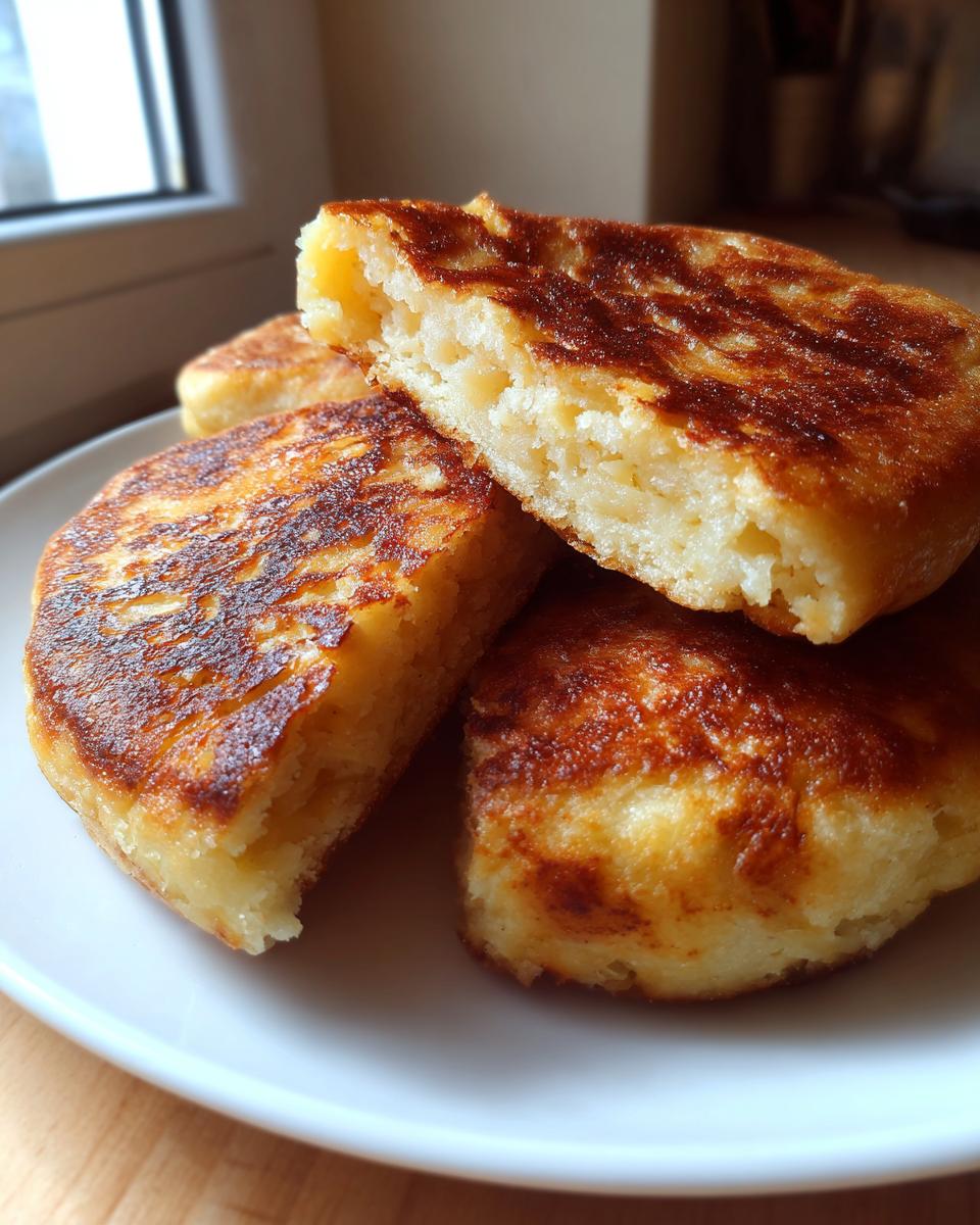 Close-up of freshly cooked, golden brown irish potato farls stacked on a white plate, showing the fluffy interior.
