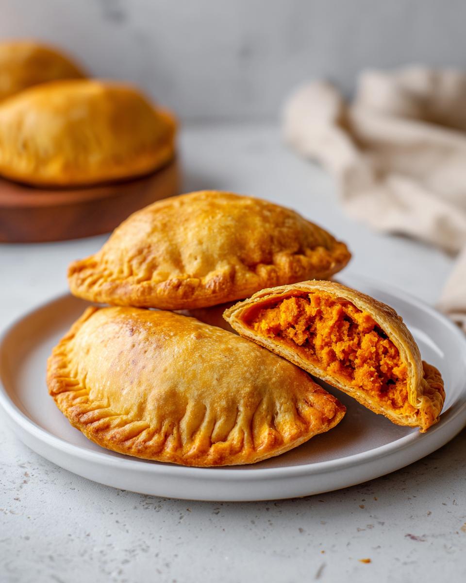 Close-up of golden baked pumpkin empanadas, one cut open to show the vibrant orange pumpkin filling.