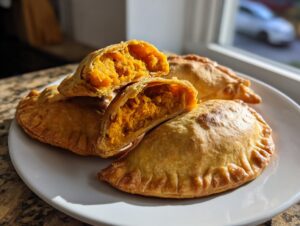 Close-up of golden baked pumpkin empanadas, one cut open to show the vibrant orange pumpkin filling.