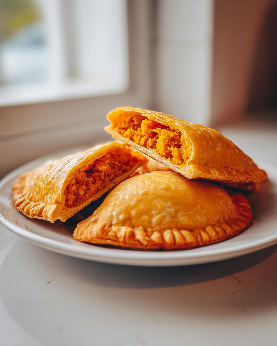 Three golden-brown baked pumpkin empanadas stacked on a white plate, one cut open showing the bright orange pumpkin filling.