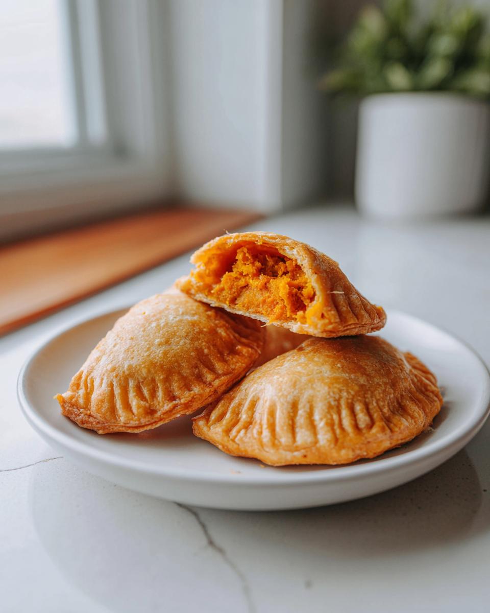 Three golden-brown pumpkin empanadas stacked on a white plate, one cut open showing the orange pumpkin filling.