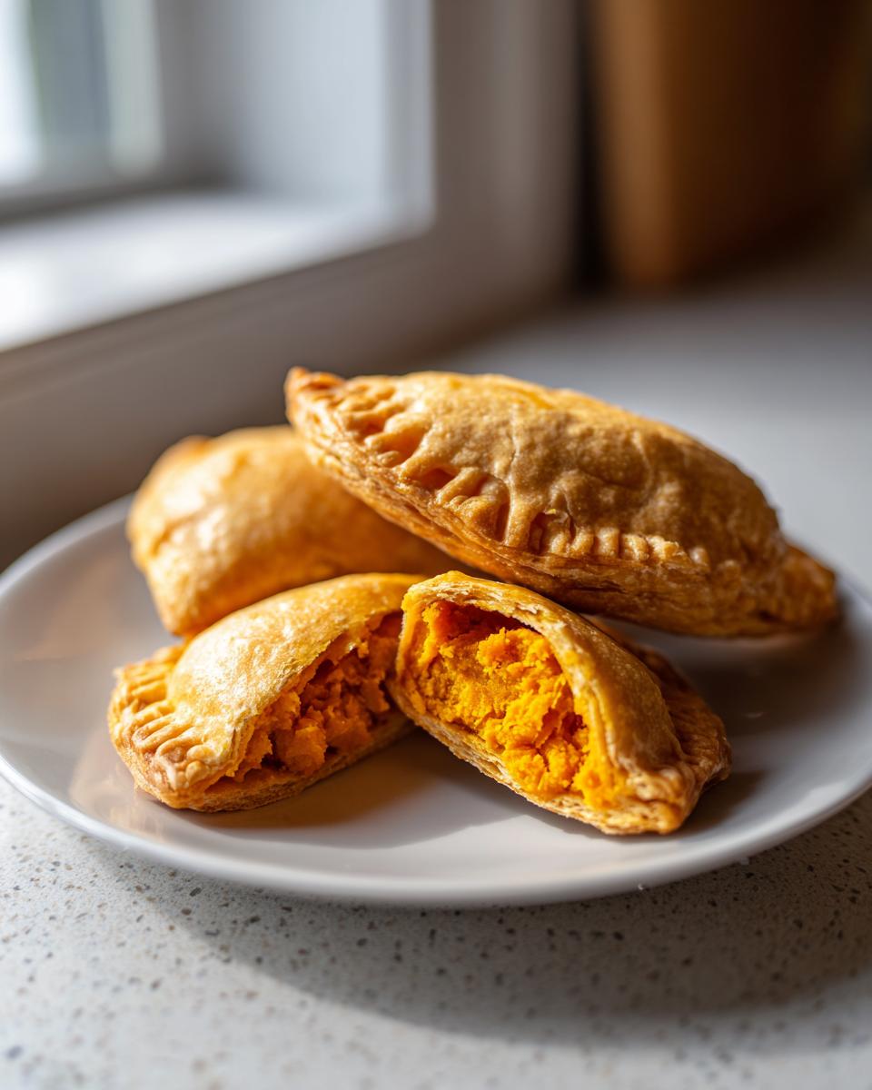 Four golden baked pumpkin empanadas on a white plate, one cut open revealing the bright orange pumpkin filling.