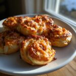 A close-up of several golden brown sausage pinwheels topped with melted, bubbly cheese, served on a light plate.