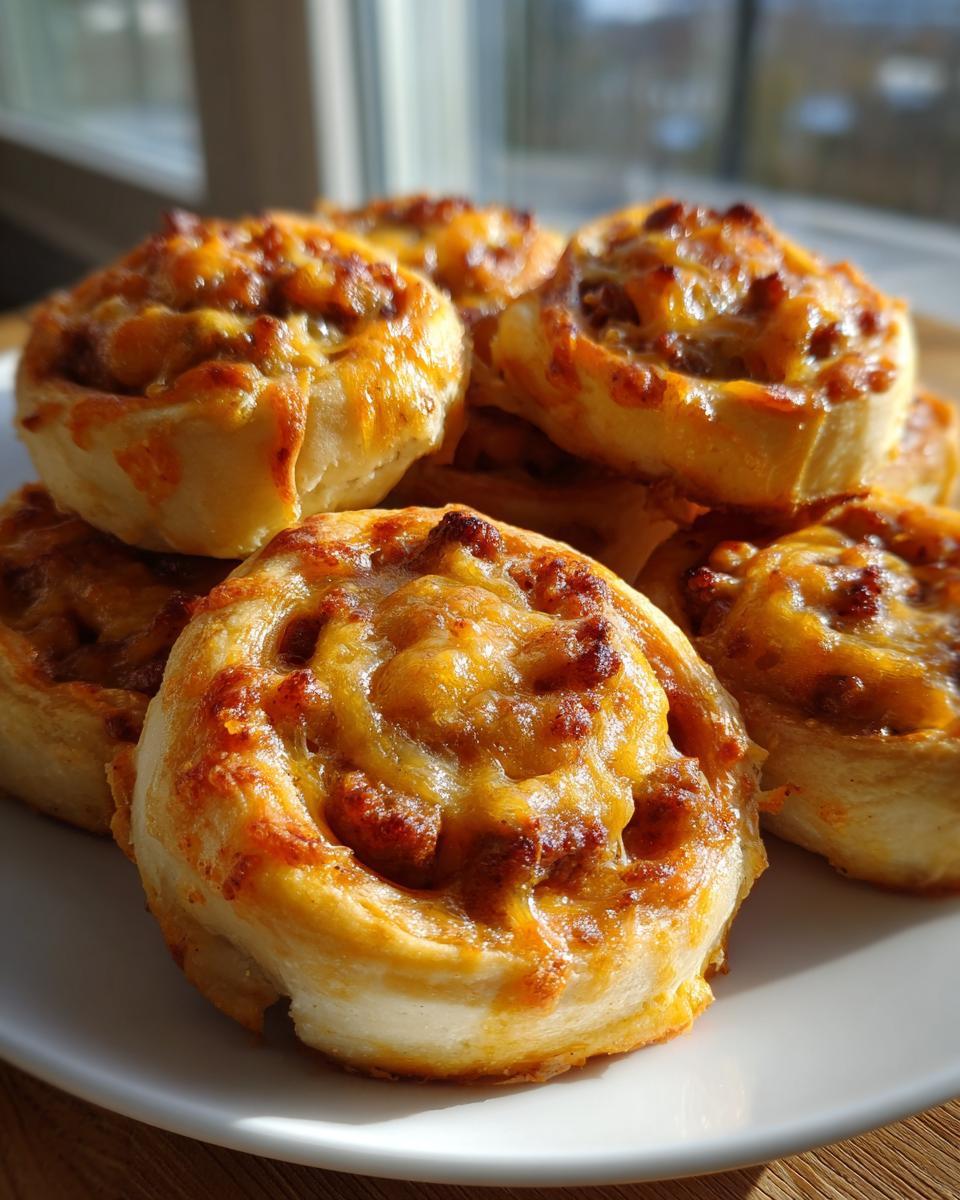 Close-up of several golden brown sausage pinwheels stacked on a white plate, topped with melted, bubbly cheese.