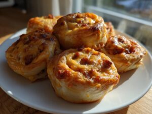 A close-up of several golden brown, baked sausage pinwheels arranged on a white plate.
